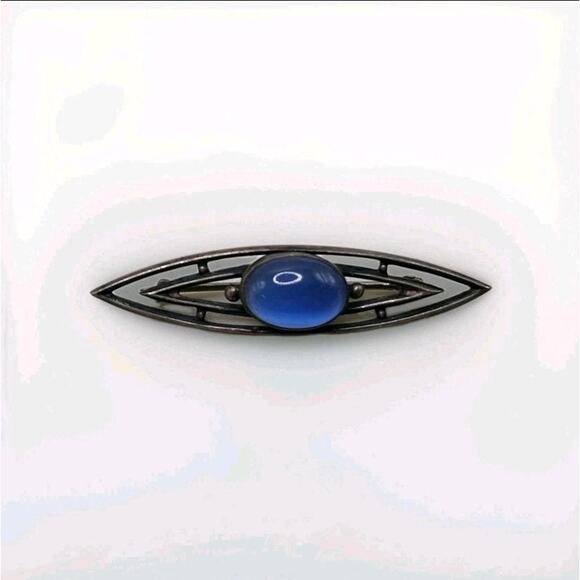 Art Deco Style Silver Tone Brooch with Blue Glass Cabochon – Vintage Jewelry - Picture 1 of 6